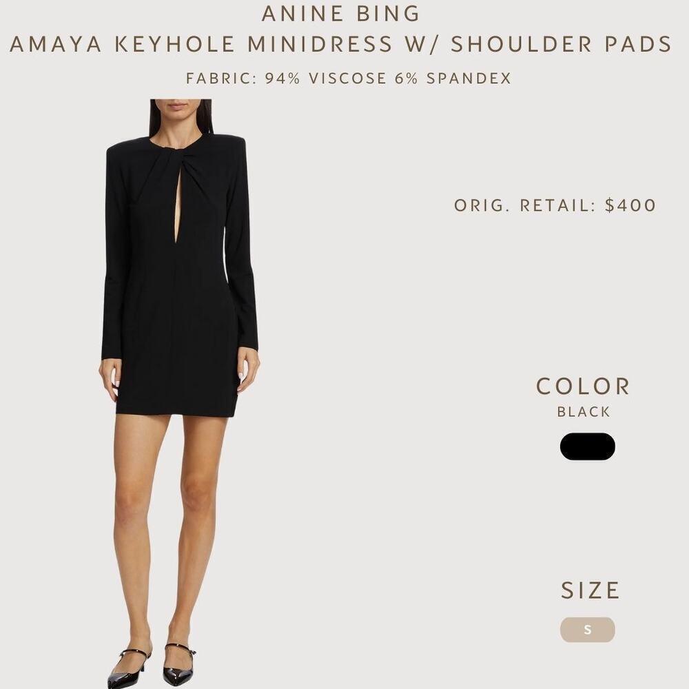 Anine Bing Amaya Keyhole Mini Dress Black Shoulder Pads Size S